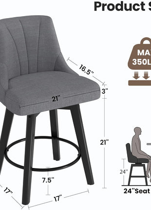 Set of 3 Upholstered 24" Counter Height Swivel Bar Stools with Back and Solid Wood Legs in Dark Gray for Kitchen Island and Dining Room