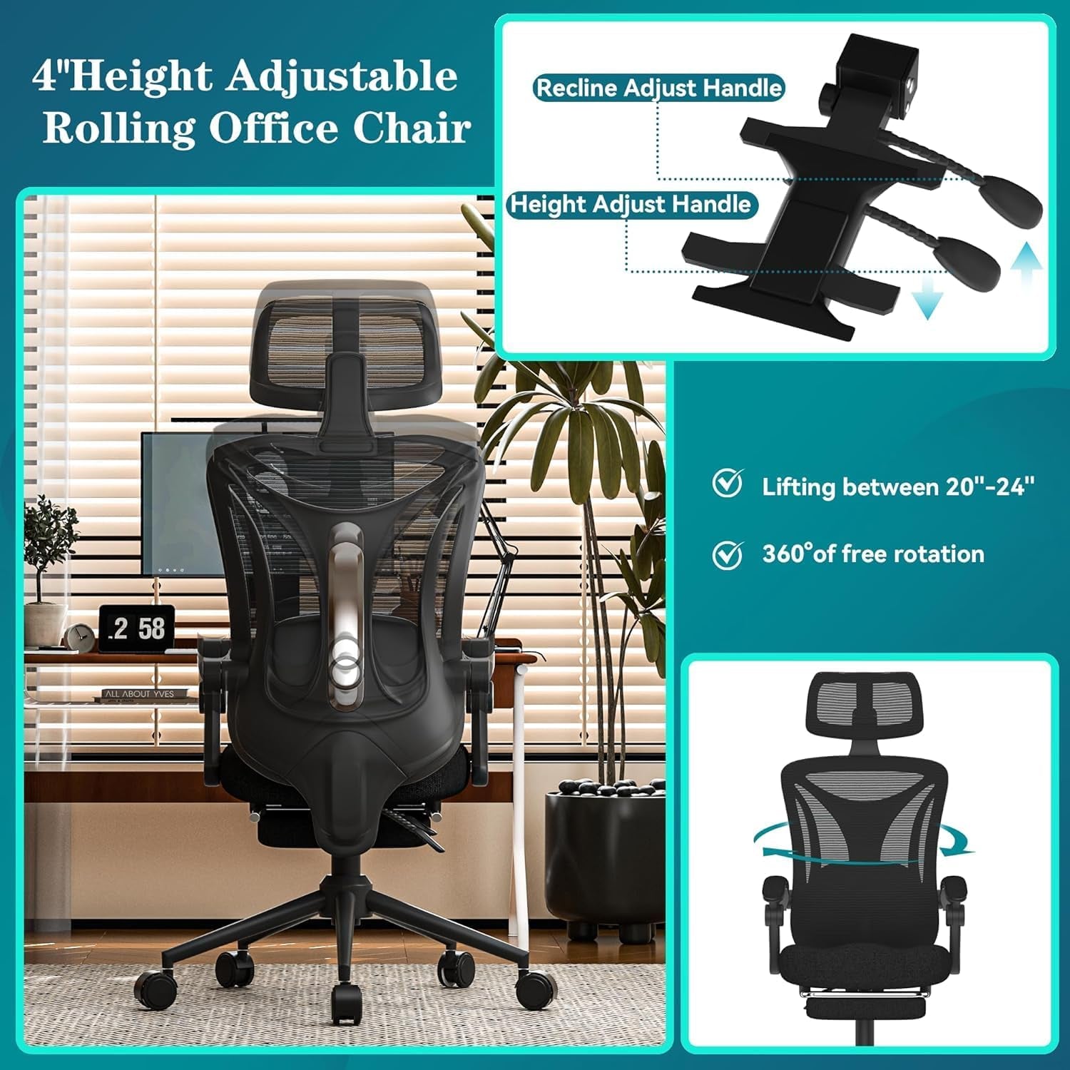 Ergonomic Office Chair with Footrest - Adjustable Lumbar Support & Headrest, 90-160° Reclining Mesh Back Computer Chair - Home Office/Gaming, 350Lbs Capacity (SGS Certified)