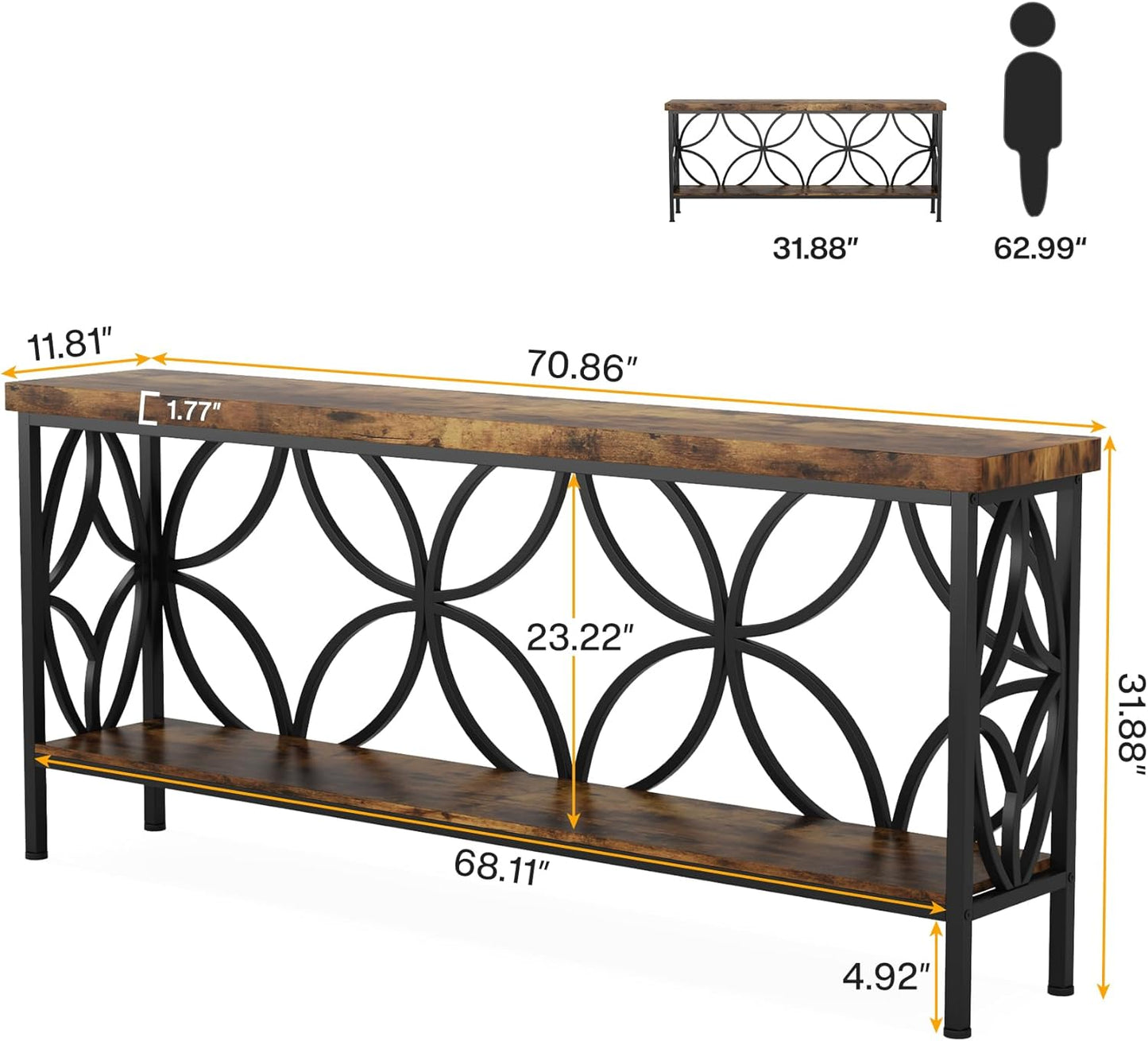 70.9-Inch Narrow Sofa Table, Industrial Long Sofa Table behind Couch, Entry Console Table with Storage for Entryway, Living Room, Foyer, Unique Design, Rustic Brown | Narrow, Industrial, Long, Entry Console Table, with Storage