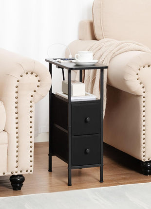 Narrow End Table with Integrated Charging Station - Slim Side Table Featuring Fabric Drawers for Living Room and Bedroom, Perfect for Compact Spaces, Black, Model HETNDP02BK-1