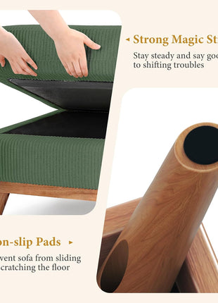 Large Rectangular Corduroy Ottoman with Spring Cushion, 29.5" Pouf Footrest for Living Room and Bedroom, Green Upholstery with Wooden Legs
