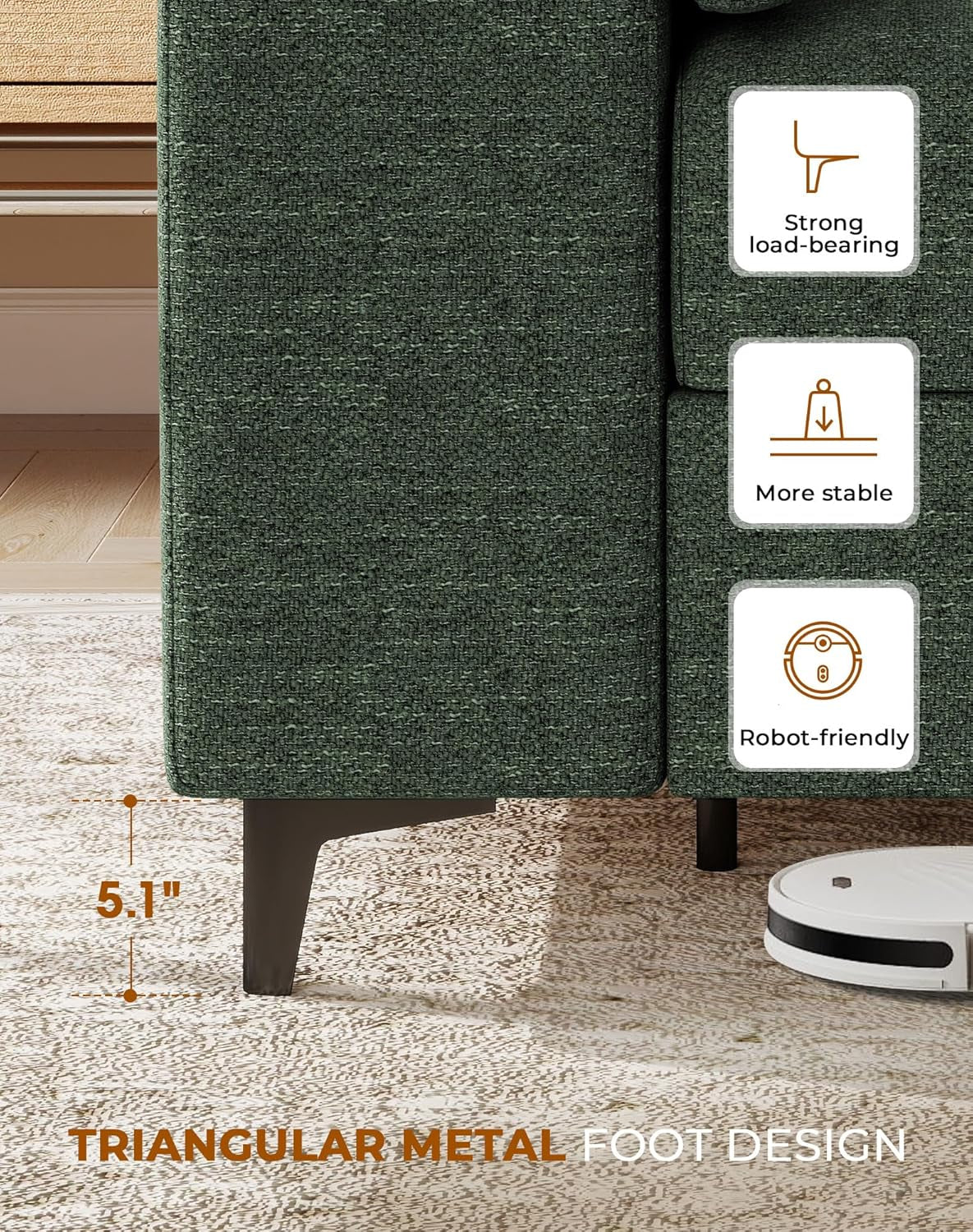 88.97" Modern Sofa Couch for Living Room, Deep Seat Sofas with 8”Cushion, Comfy 2-Seater Chenille Loveseat with Convertible Armrest, Removable Sofa Cover, High Leg (Green)