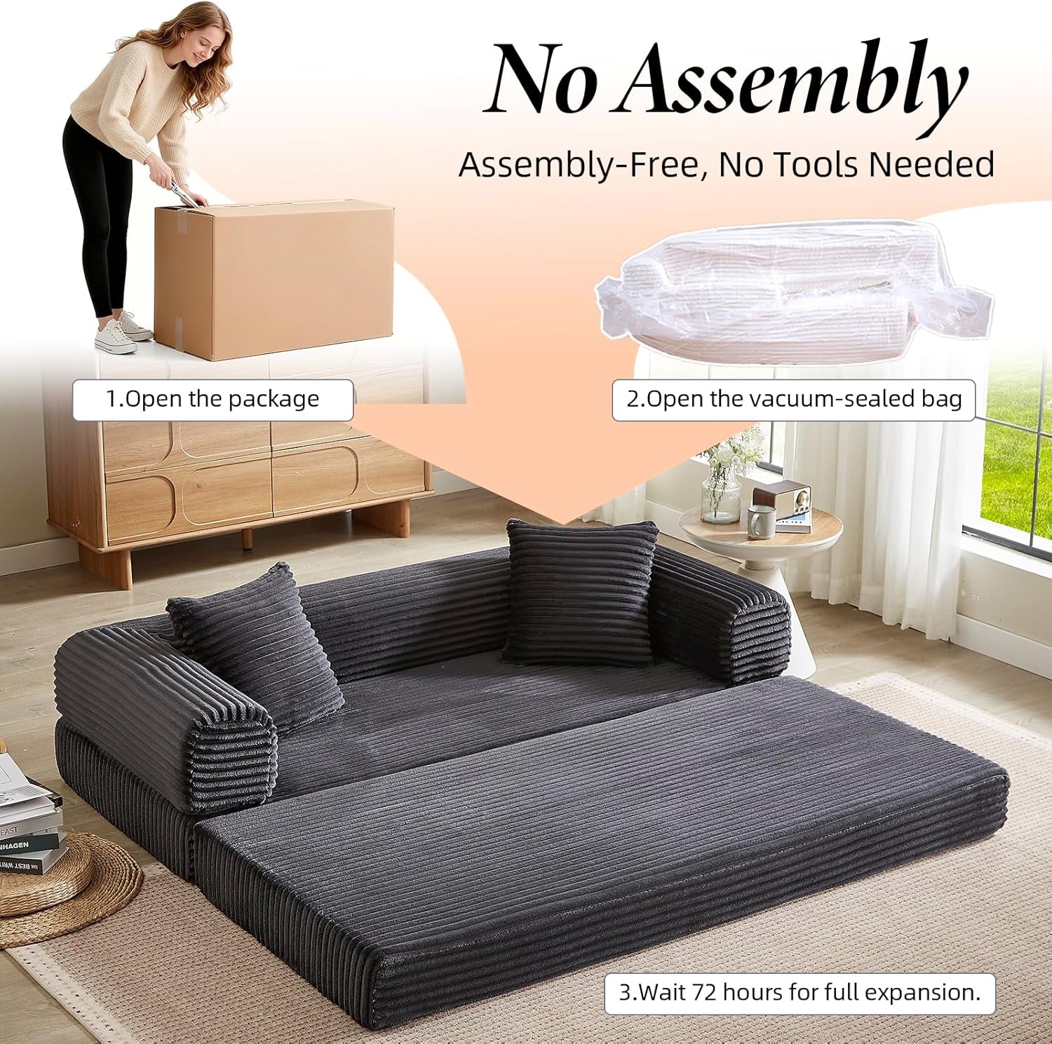 78 Inch Convertible Futon Sofa Bed,Folding Boneless Couches with Sleeper Sofa,Fold Out Floor Sofa Couch with Deep Seat,Cloud Corduroy Foldable Mattress Couch for Living Room (Dark Grey)