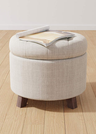 Round Storage Ottoman Footrest - Button-Tufted Upholstered Footstool with Storage, Durable Linen Fabric for Living Room and Bedroom, 20" x 17", Beige