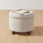 round Linen Ottoman with Storage, Tufted Upholstered Footstool for Living Room and Bedroom, 20" X 17", Linen Burlap Beige