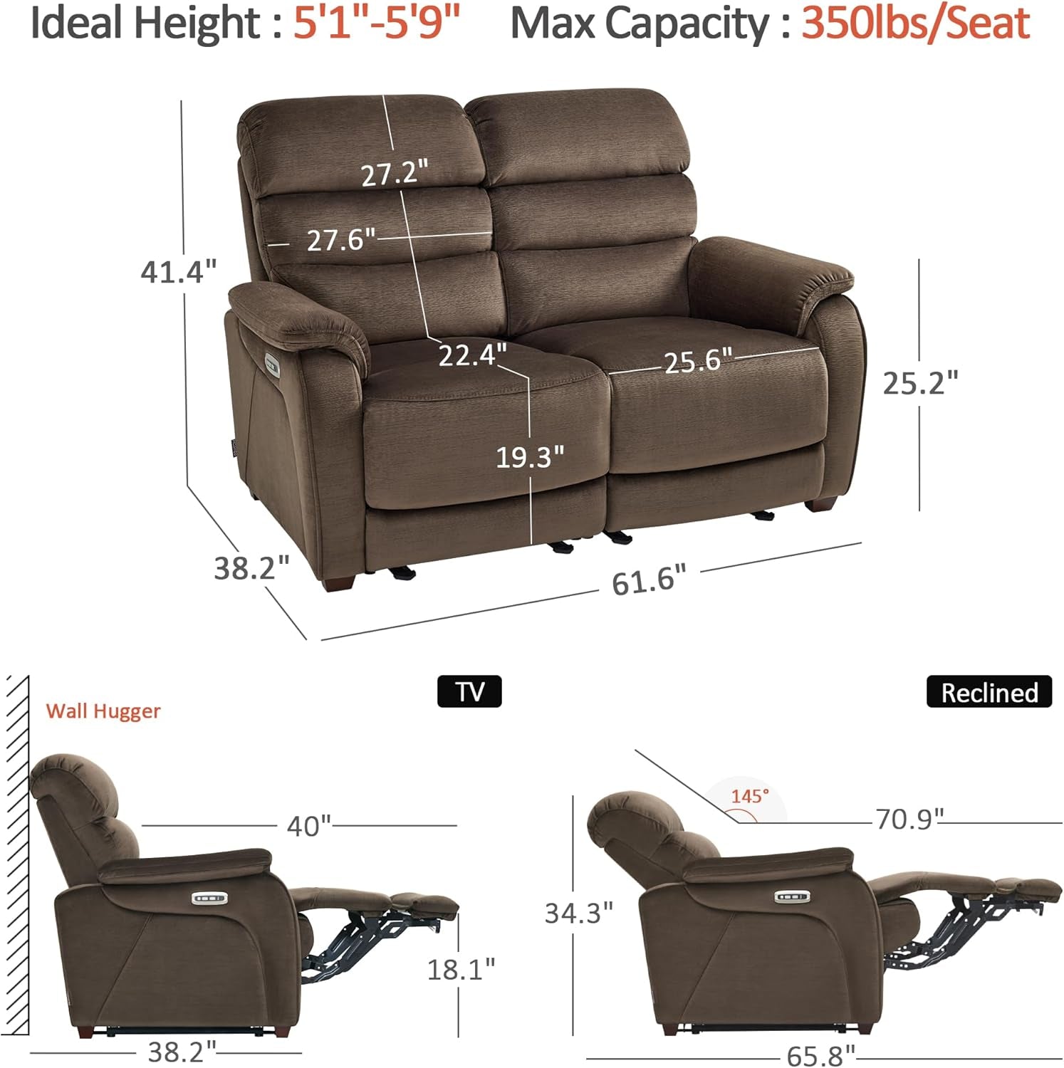 61.6'' Wall Hugger Power Loveseat Recliner, Reclining Loveseat with Adjustable Headrest, USB Charge Ports, Wood Legs for Living Room, Rvs, Small Spaces, Fabric ST258M1 (Loveseat, Coffee)