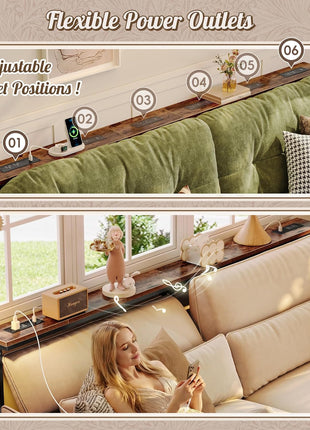 Height Adjustable Rustic Brown Console Table with Power Outlets and USB-C Ports, 78.7 Inches, Perfect for Compact Living Spaces