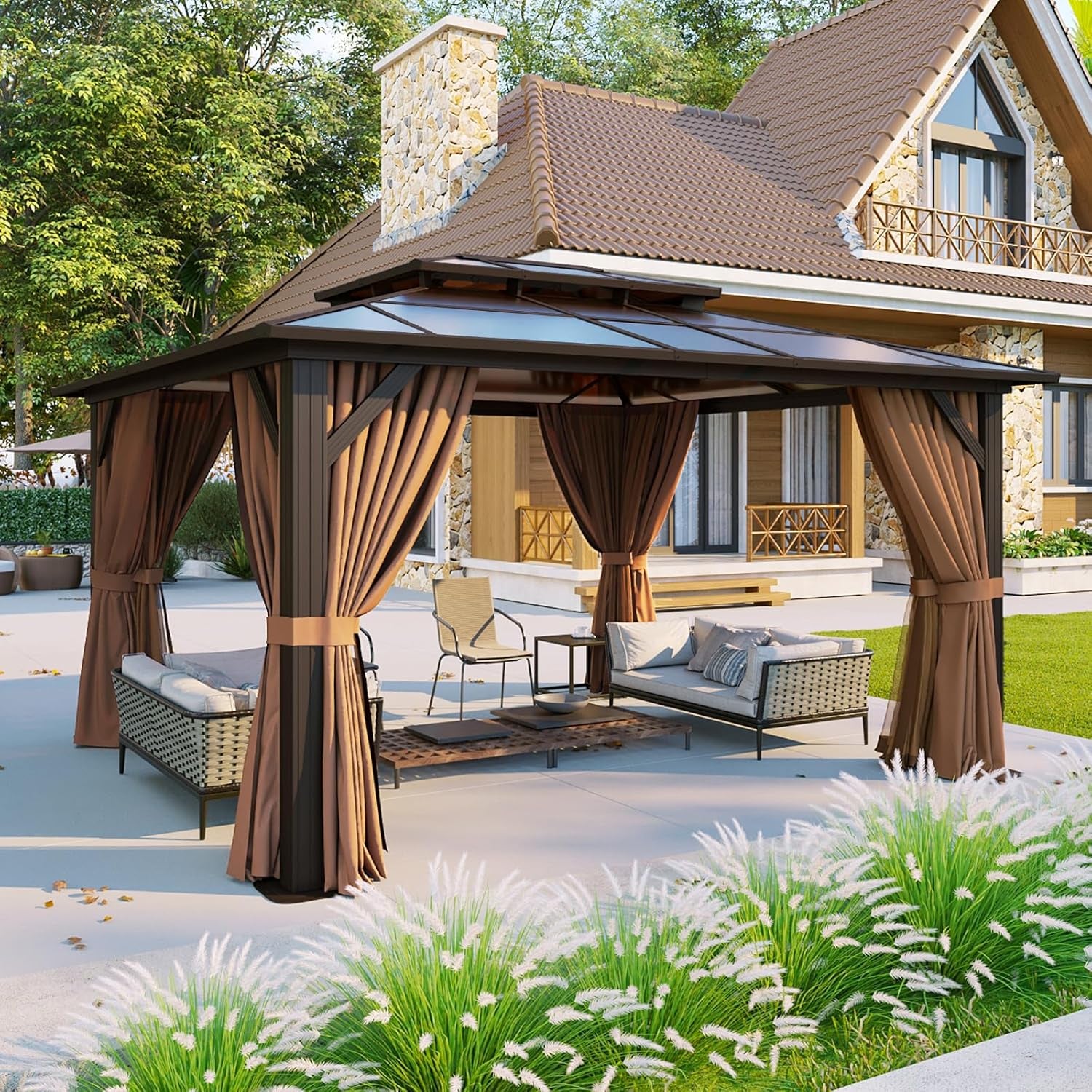 12'X10' Hardtop Gazebo, Aluminum Frame Permanent Pavilion with Curtains and Netting, Outdoor Polycarbonate Double Roof Canopy, Designed for Garden, Lawns, Patio, Brown