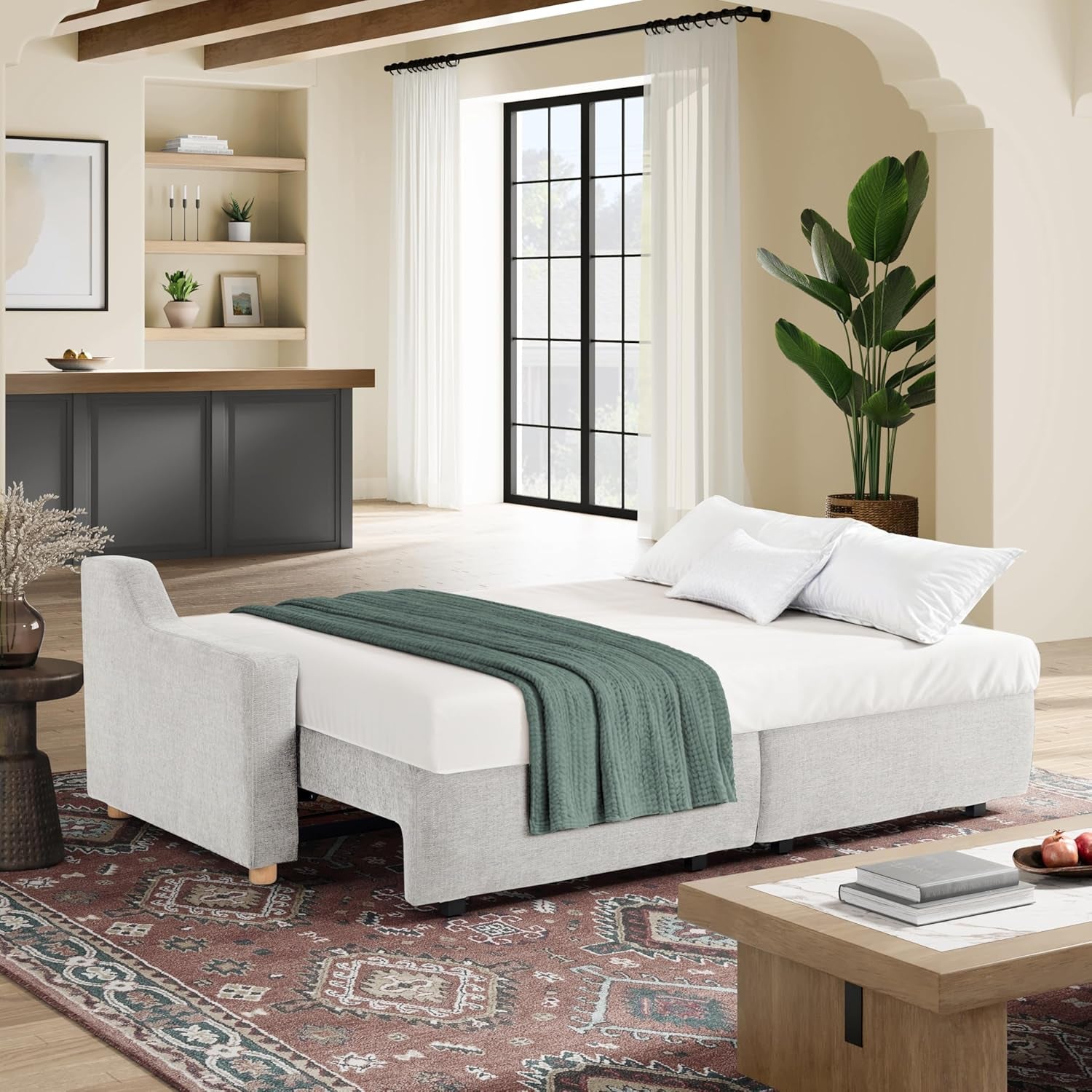 Glendle 90.2" Queen Size Wll-Hugging Convertible Sof, Dremcoil Comfort, Chenille Fbric, Crem