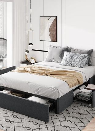 Full Size Upholstered Platform Bed Frame with 3 Storage Drawers, Wooden Slat Support, No Box Spring Required, Noise-Free Design, Easy Assembly, Dark Grey