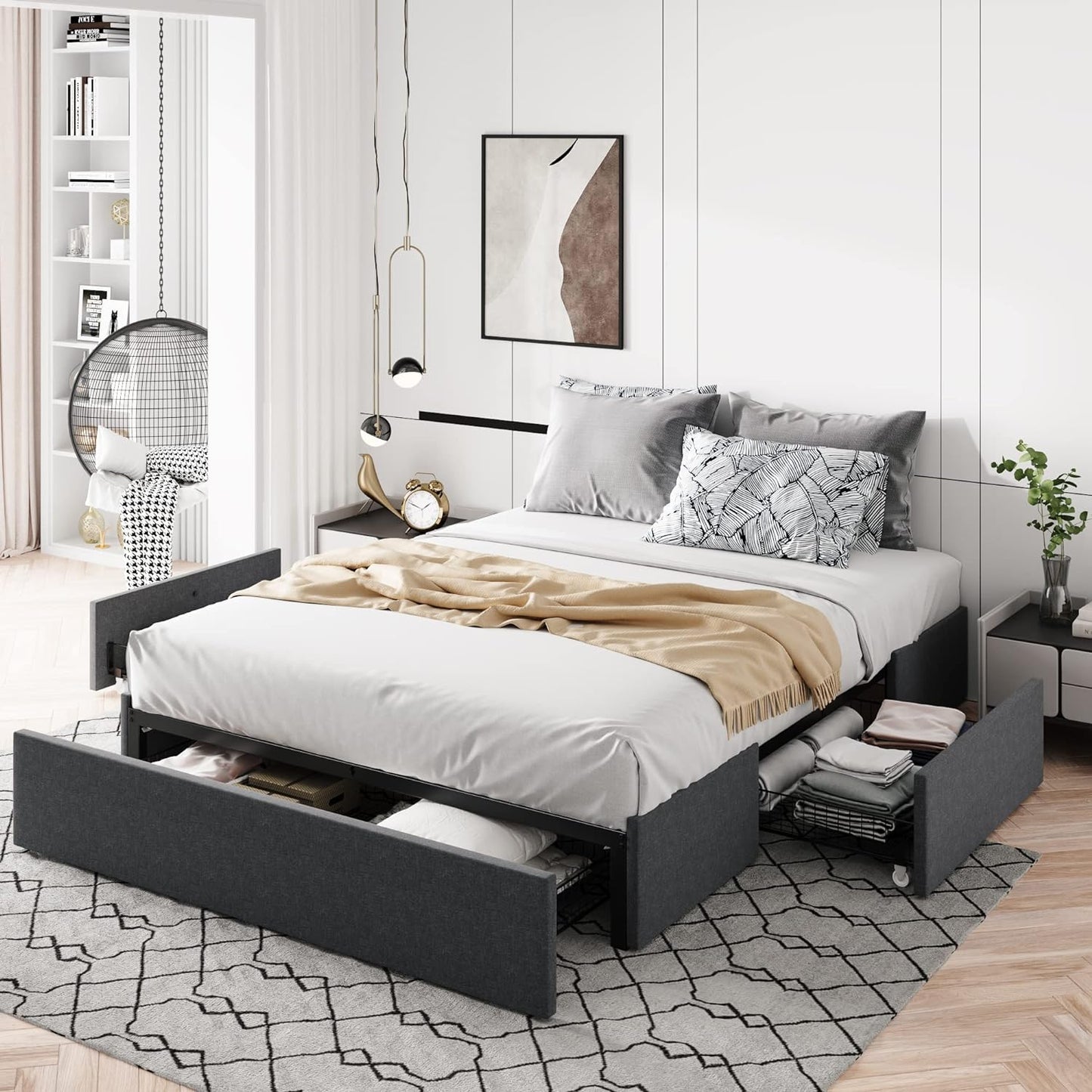 Queen Size Platform Bed Frame with 3 Storage Drawers, Fabric Upholstered, Wooden Slats Support, No Box Spring Needed, Noise Free, Easy Assembly, Dark Grey
