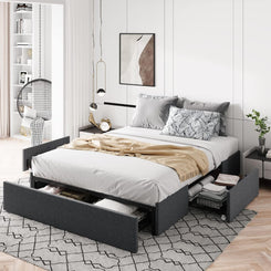 Queen Size Platform Bed Frame with 3 Storage Drawers, Fabric Upholstered, Wooden Slats Support, No Box Spring Needed, Noise Free, Easy Assembly, Dark Grey