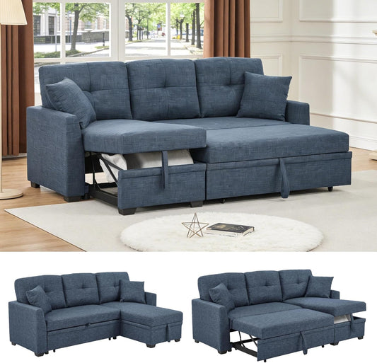 Sectional Sleeper Sofa with Pull Out Bed, L Shape Convertible Linen Couch with Storage Chaise, 2 in 1 Pull Out Sofa Bed with 2 Seats, for Living Room, Apartment, Dark Blue