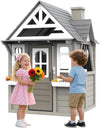 Kids Outdoor Cedar Playhouse, Weather-Resistant Gray Wooden Play House for Ages 3–8 with Play Kitchen, Working Doorbell, Toy Phone & Flowerpots — Durable Backyard Gift for Creative & Social Play