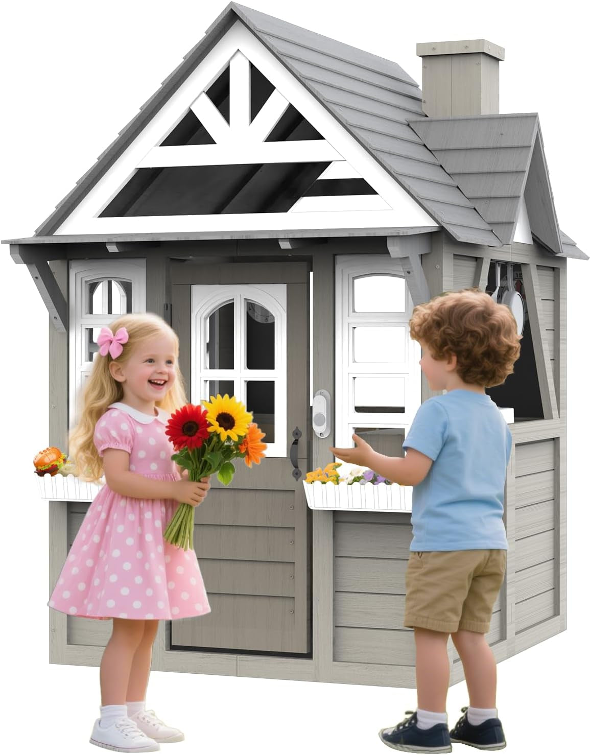 Kids Outdoor Cedar Playhouse, Weather-Resistant Gray Wooden Play House for Ages 3–8 with Play Kitchen, Working Doorbell, Toy Phone & Flowerpots — Durable Backyard Gift for Creative & Social Play