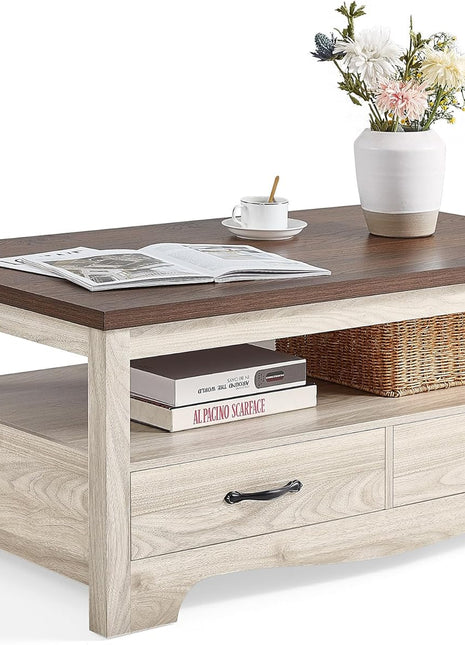 Farmhouse Coffee Table with Storage, Wood Construction, Open Display Area, and Drawers with Metal Handles in Oak and Brown Finish