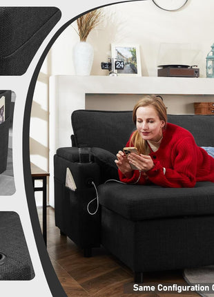 Contemporary Dark Gray 2-in-1 Pull-Out Sectional Sofa Bed with Storage, USB Ports, and Cup Holder - Ideal for Apartment Living Spaces