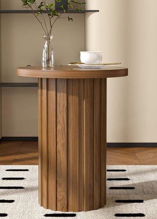 Farmhouse Round Pedestal End Table with Fluted Panel - Rustic Walnut Side Table for Compact Living Areas