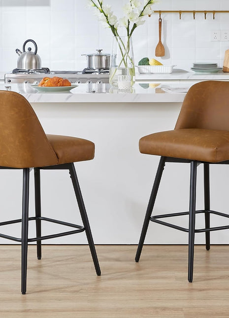 Set of 2 Contemporary Upholstered 360° Swivel Counter Height Bar Stools with High Backs, 26-Inch Seat Height, Faux Leather in Saddle Brown