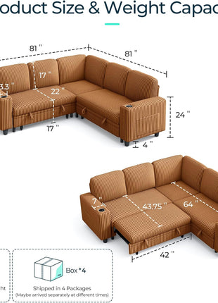 Convertible Sectional Sleeper Sofa with Pull-Out Bed, Plush Corduroy Upholstery, Storage Chaise & USB Charging – Ideal L-Shaped Modular Sofa for Living Room or Apartment in Elegant Brown