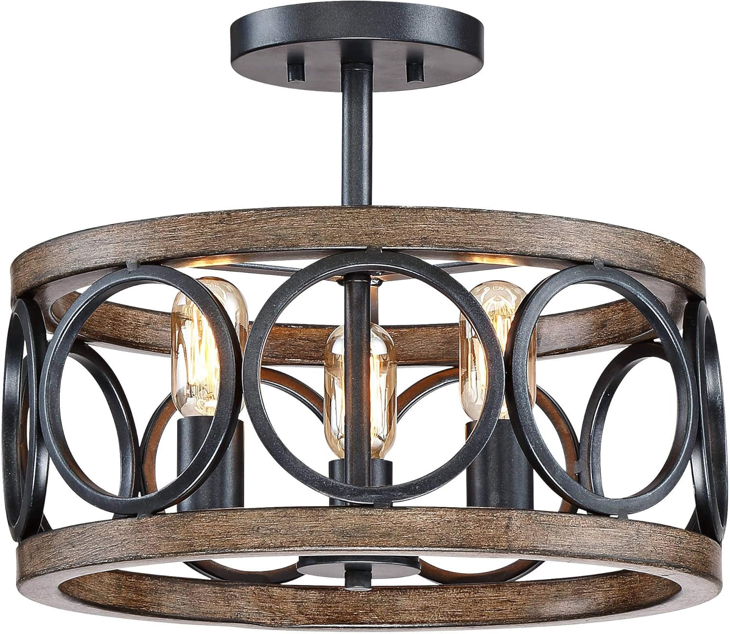 Salima Rustic Farmhouse Ceiling Light Semi Flush Mount Fixture LED Black Circle Wood Finish Grain 16" Wide 3-Light Open Drum for Bedroom Kitchen Living Room Hallway Bathroom