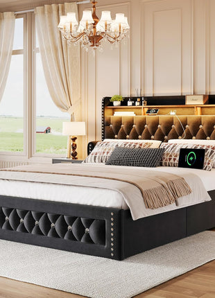 Velvet Upholstered Queen Size Bed Frame with 4 Storage Drawers, Integrated Charging Station, and Storage Headboard, LED Accents, Crystal Décor, No Box Spring Required, Black