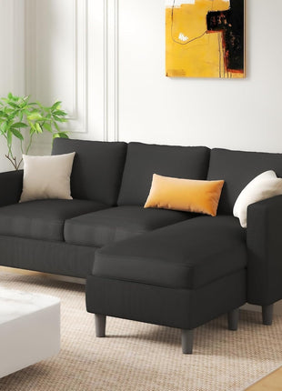 Modern 3-Seat Reversible Sectional Sofa with Convertible Ottoman in Ribbed Fabric - L-Shaped Couch for Small Spaces, Ideal for Apartments, Studios, and Offices - Easy Assembly - Black