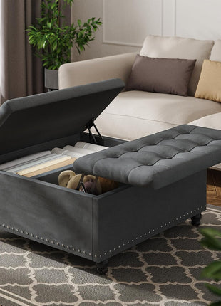 35-Inch Large Square Ottoman with Storage – Oversized Lift-Top Coffee Table Featuring Wood Legs and Tufted Upholstered Design for Living Room in Gray