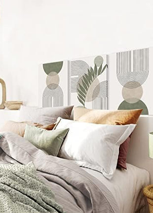 Sage Green Bohemian Wall Art Set of 3 - Minimalist Framed Geometric Line Art with Leaf, Sun, and Moon Designs on Beige and Green Canvas, Abstract Botanical Decor for Home and Office, 12" x 16