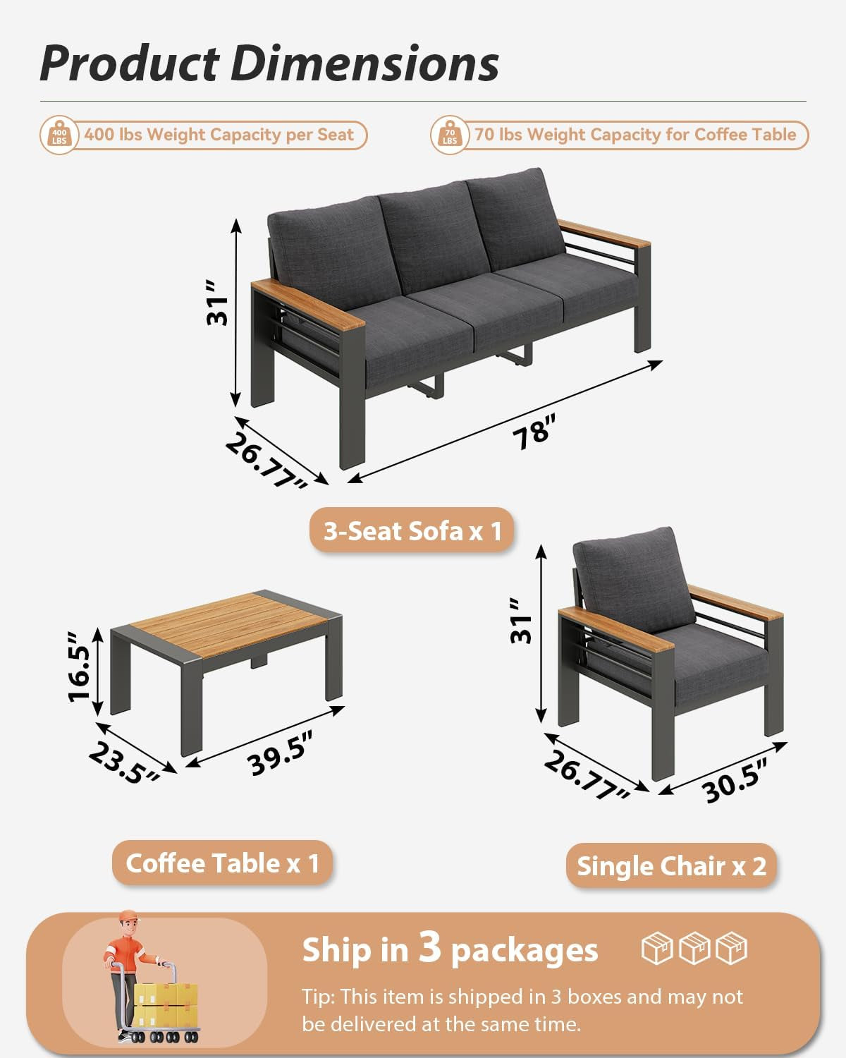 Aluminum Outdoor Patio Furniture Set, 5 Seats Outdoor Sectional with Coffee Table, Patio Conversation Sets with Upgraded Armrests and Cushions for Backyard, Garden and Poolside