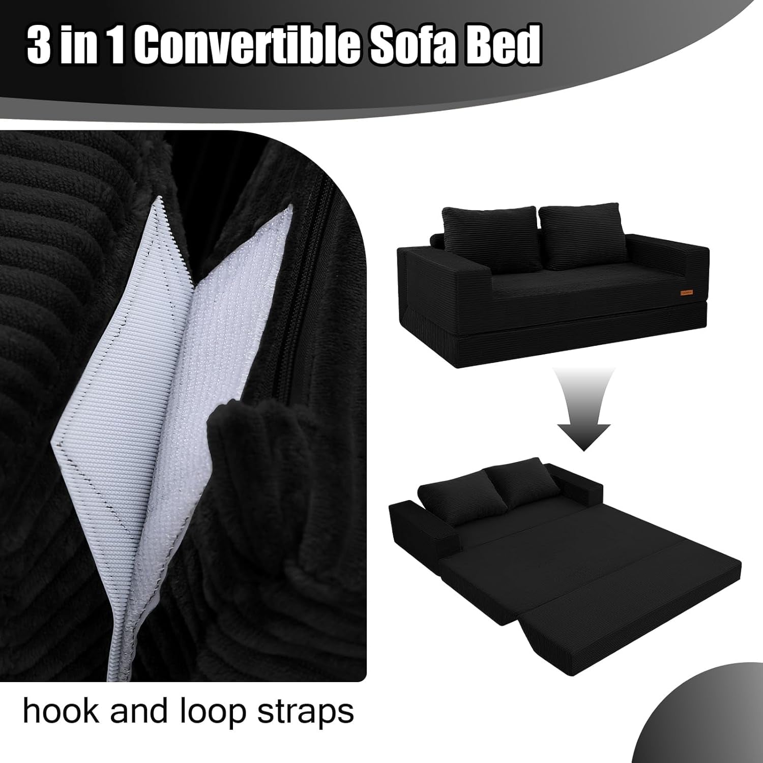 Convertible Sofa Bed Queen, Corduroy Folding Floor Couch Pull Out Couch Bed Futon Sleeper with Pillows, Fold Out Boneless Sofa Comfy Lounge Mattress Loveseat for Living Room Bedroom, Black