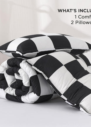 Twin Checkered Comforter Set (66x90 Inches) - Black and White Plaid Gingham Bedding for Teens and Kids, Lightweight Polyester Geometric Design, 2 Pieces