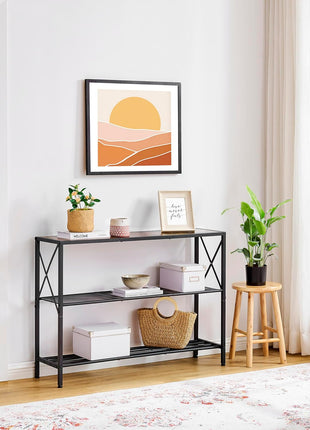 Industrial 3-Tier Console Table for Entryway, Hallway, and Living Room in Rustic Brown and Black Finish