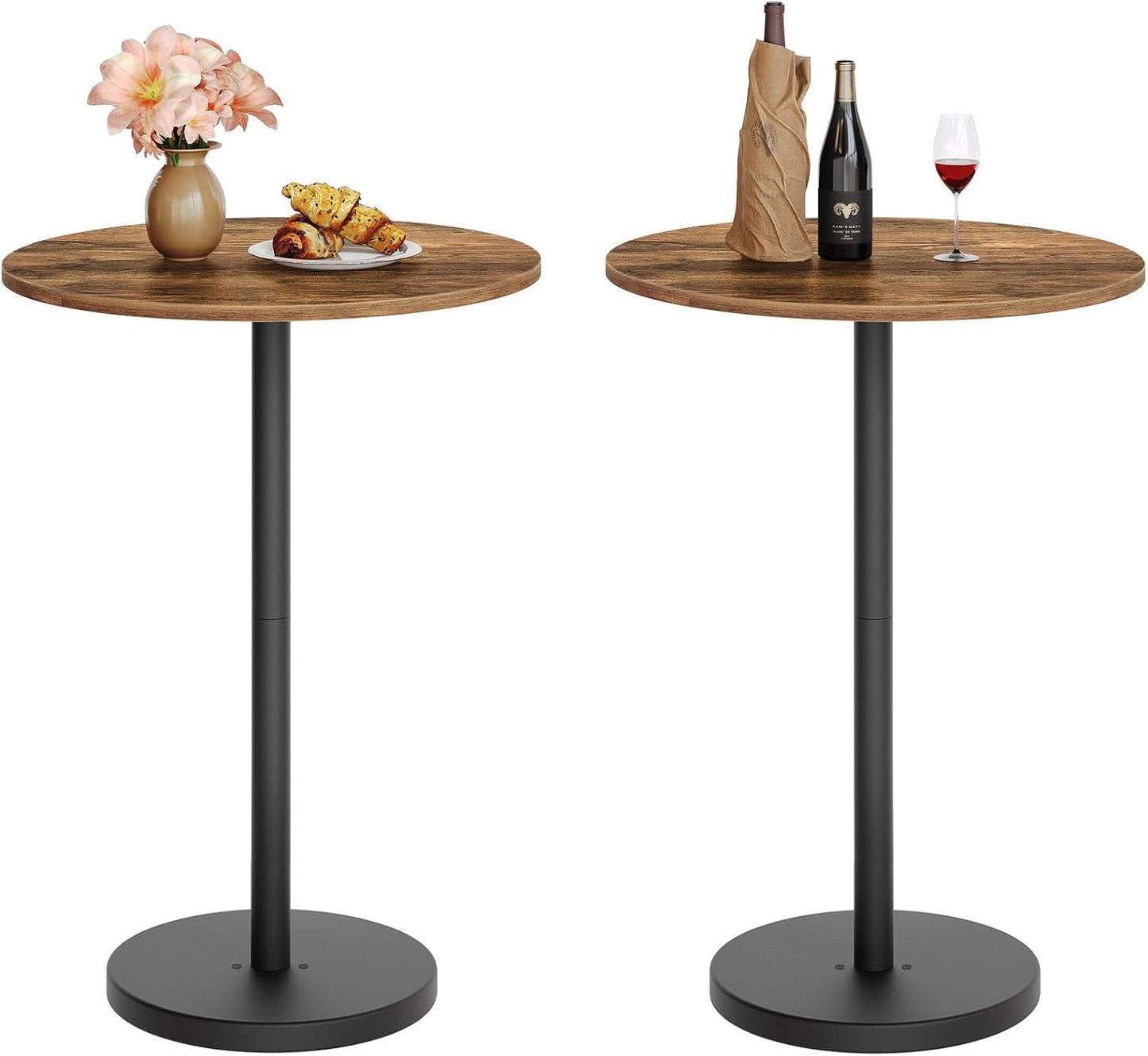 Bar Table, round Bar Table Set of 2, Counter Height Table, Pub Cocktail Table, Metal Frame, for Bistro, Dining Room, Living Room, Terrace, Rustic Brown and Black BT05L2BRY1