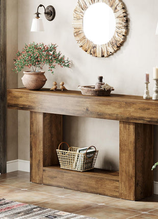 63-Inch Vintage Brown Farmhouse Console Table with U-Shaped Base and Two-Tier Design for Living Room, Hallway, and Foyer