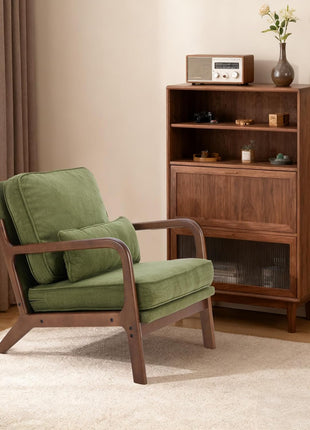 Mid-Century Modern Accent Chair with Armrests and Lumbar Support Cushion, Perfect for Living Room and Bedroom, Durable Wooden Frame, Elegant Green Finish