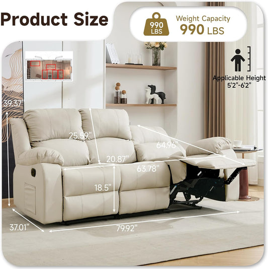 Manual Recliner Sofa, 3 Seater Reclining Couch with Side Pocket for Living Room, RV, Home Theater(3 Seat,Beige)