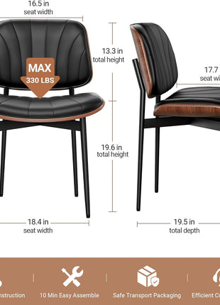 Set of 6 Mid-Century Modern Upholstered PU Leather Dining Chairs with Walnut Bentwood Back and Metal Legs, Featuring Adjustable Feet for Kitchen and Dining Room, Black Shell Strips