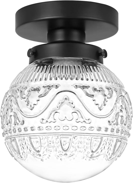 Semi Flush Mount Ceiling Light Fixtures, Vintage Globe Glass Ceiling Light Fixture, Antique Small Black Hallway Light Fixtures for Bedroom, Closet, Entryway, Bathroom, Kitchen
