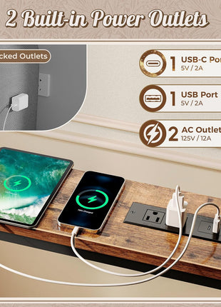 Height Adjustable Rustic Brown Console Table with Power Outlets and USB-C Ports, 78.7 Inches, Perfect for Compact Living Spaces