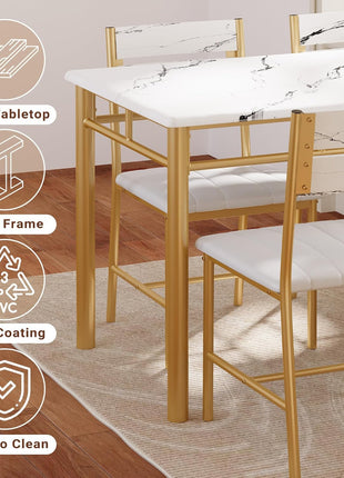 4-Person Wooden Dining Table Set with Upholstered Chairs, Space-Saving Design for Compact Dining Areas, White and Gold Finish
