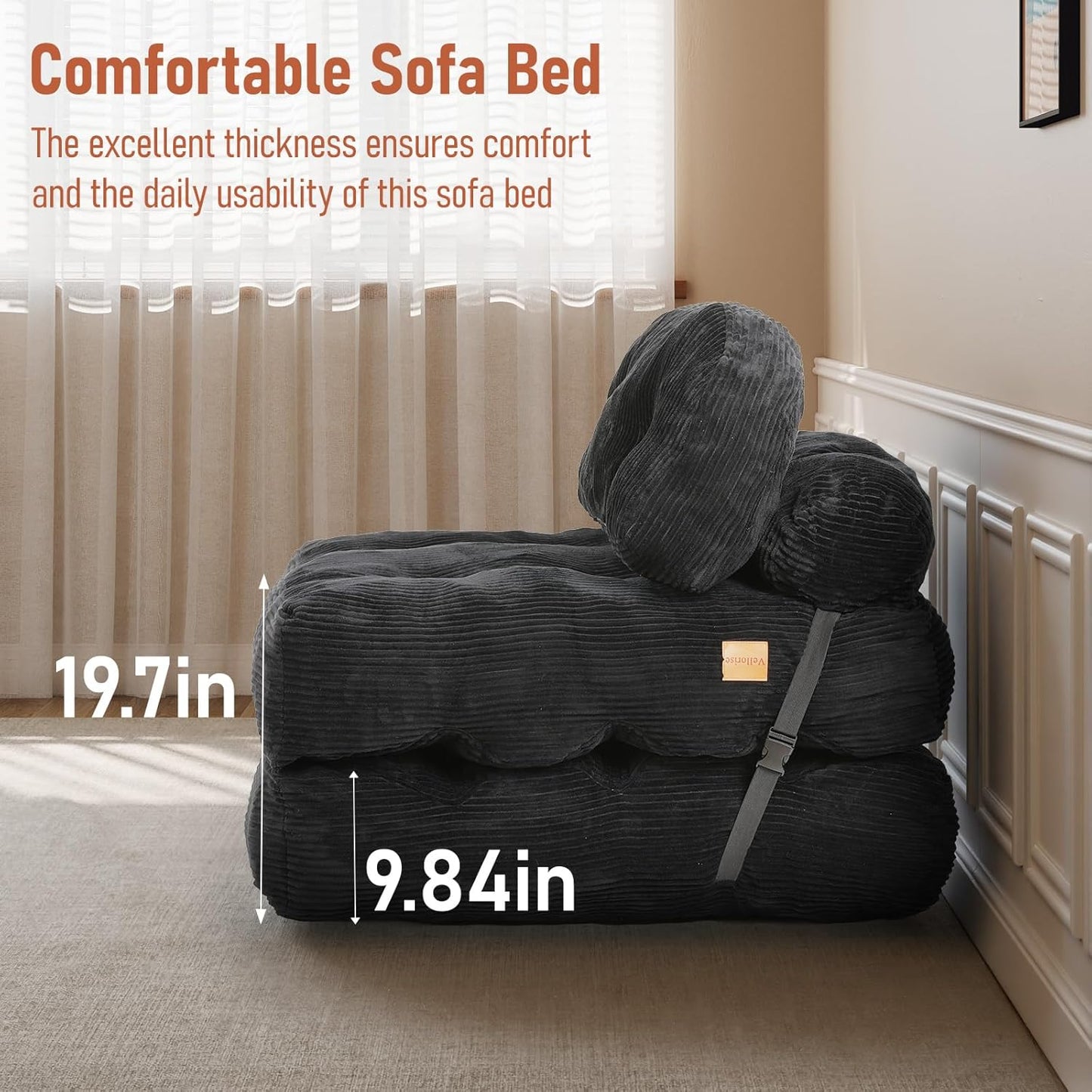 Folding Sofa Bed, Convertible Sleeper Chair with Back Support and Pillow Futon,Boneless Foldable Couch for Living Room/Guest Use/Home Office, Foldable Chair Bed for Adults, Dark Gray