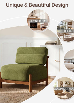 Mid-Century Modern Upholstered Armless Lounge Chair with Wooden Frame and Plush Moss Green Seat for Living Room and Bedroom