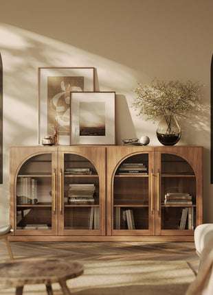 65" Arched Sideboard with Glass Doors, Accent Buffet Cabinet Featuring Storage and Adjustable Shelves, Classic Modern Console Table for Dining Room, Living Room, and Entryway (Camel)