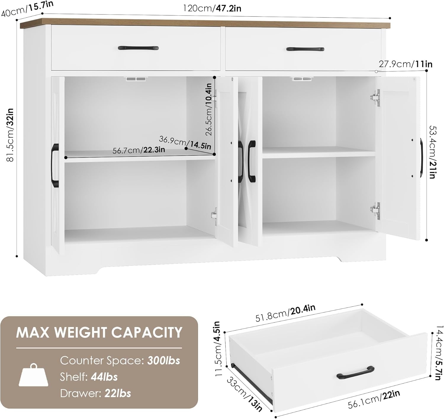 Buffet Cabinet with Storage, 47.2" Kitchen Sideboard Buffet with Drawers, Modern Farmhouse Coffee Bar Station with Shelves, Barn Doors Storage Cabinet for Living Room, White/Rustic Brown