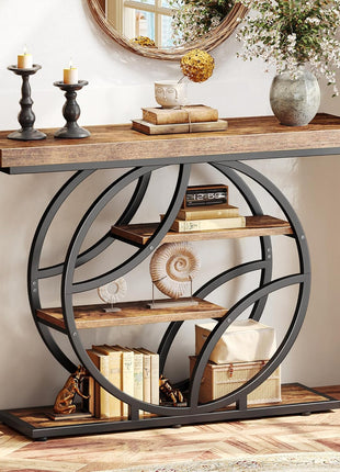 41.3-Inch Industrial Entryway Console Table with Storage Shelves in Rustic Brown Finish and O-Shaped Metal Frame