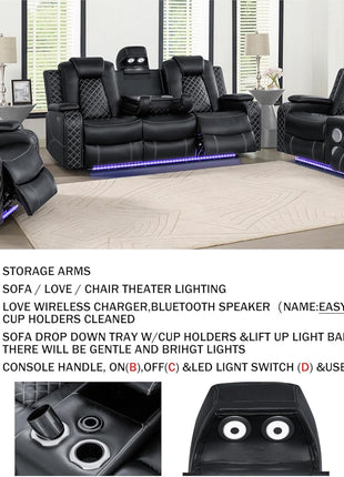 Leather Power Recliner Sofa Set - 3-Piece Home Theater Seating with Loveseat, Chair, Coffee Table, Reading Light, and Cup Holders for Living Room