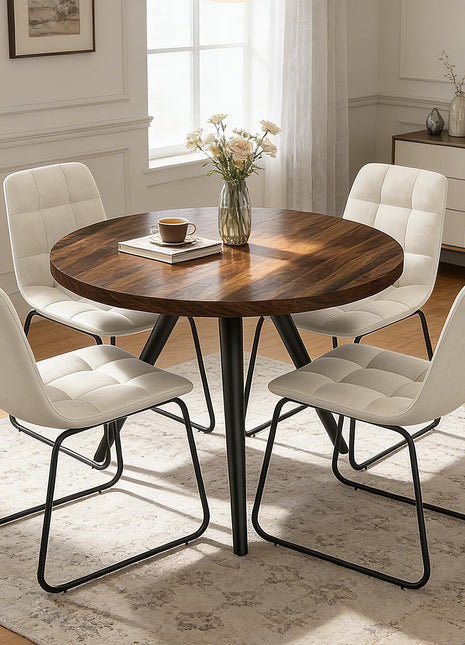 34.6" Round Dining Table Set for Four with Contemporary Faux Leather Chairs, Space-Efficient MDF Design in Walnut and Beige U-Shaped Seating