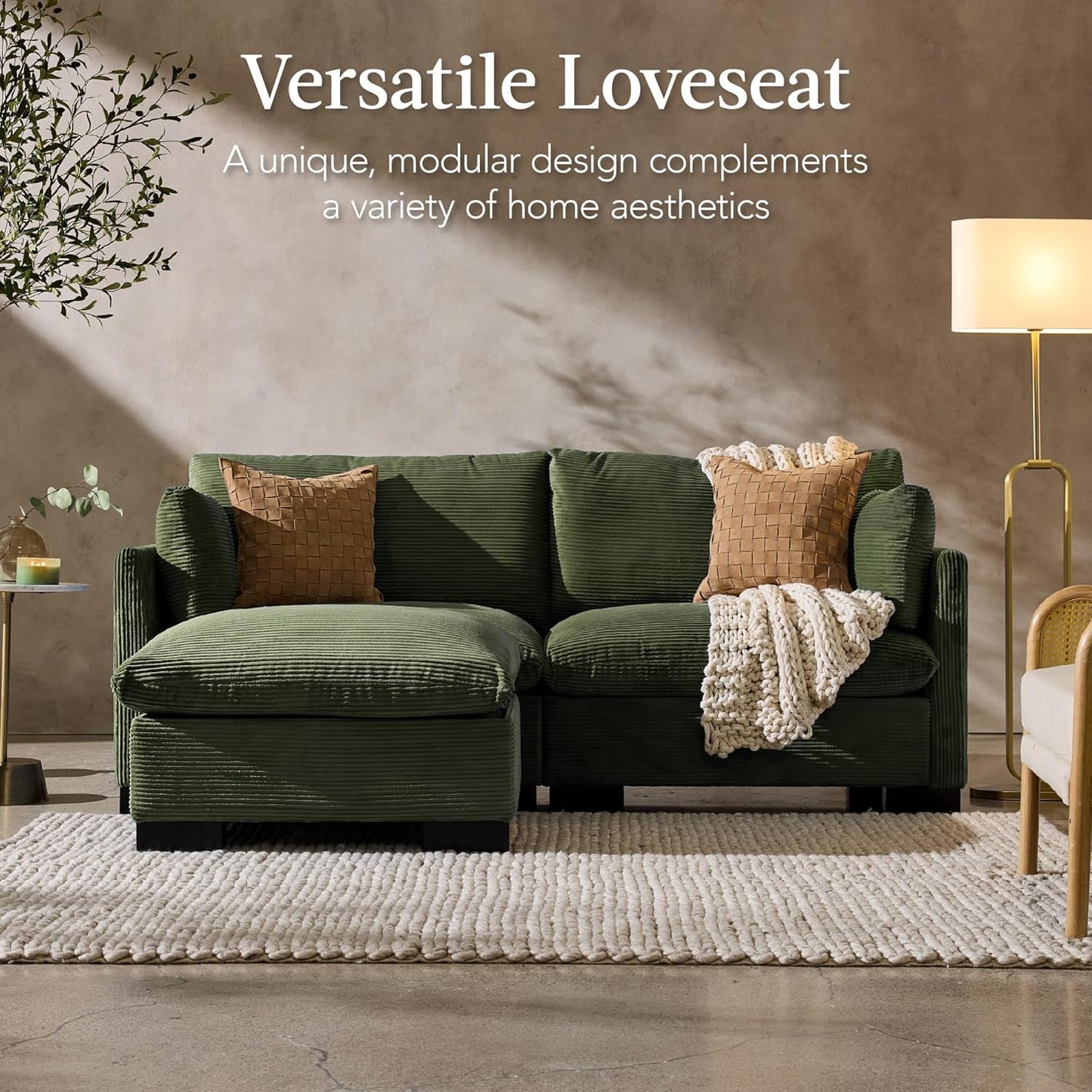 Modern Loveseat Sofa for Living Room, Corduroy Recliner, Removable Cover, Spring Cushions, Solid Wood Frame, Easy Assembly for Small Spaces, 82In – Moss Green