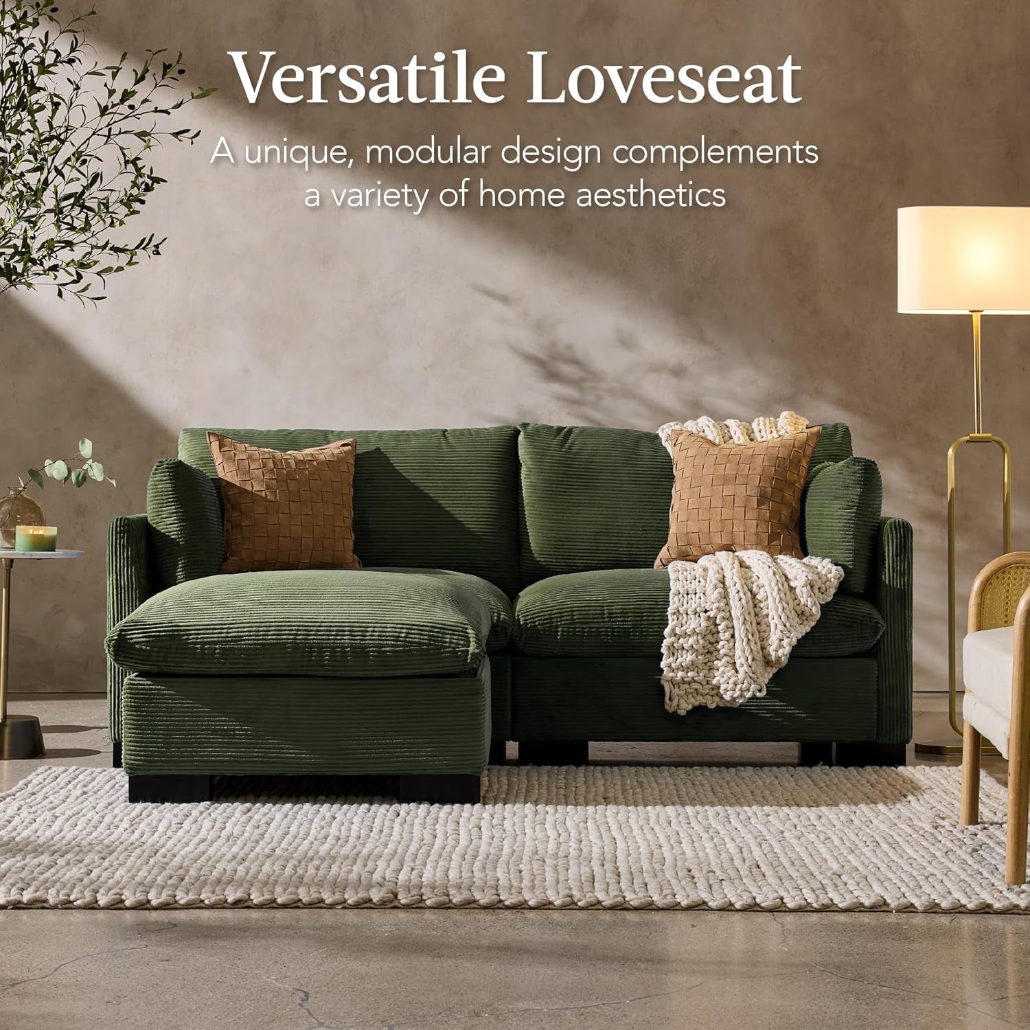 Modern Loveseat Sofa for Living Room, Corduroy Recliner, Removable Cover, Spring Cushions, Solid Wood Frame, Easy Assembly for Small Spaces, 82In – Moss Green